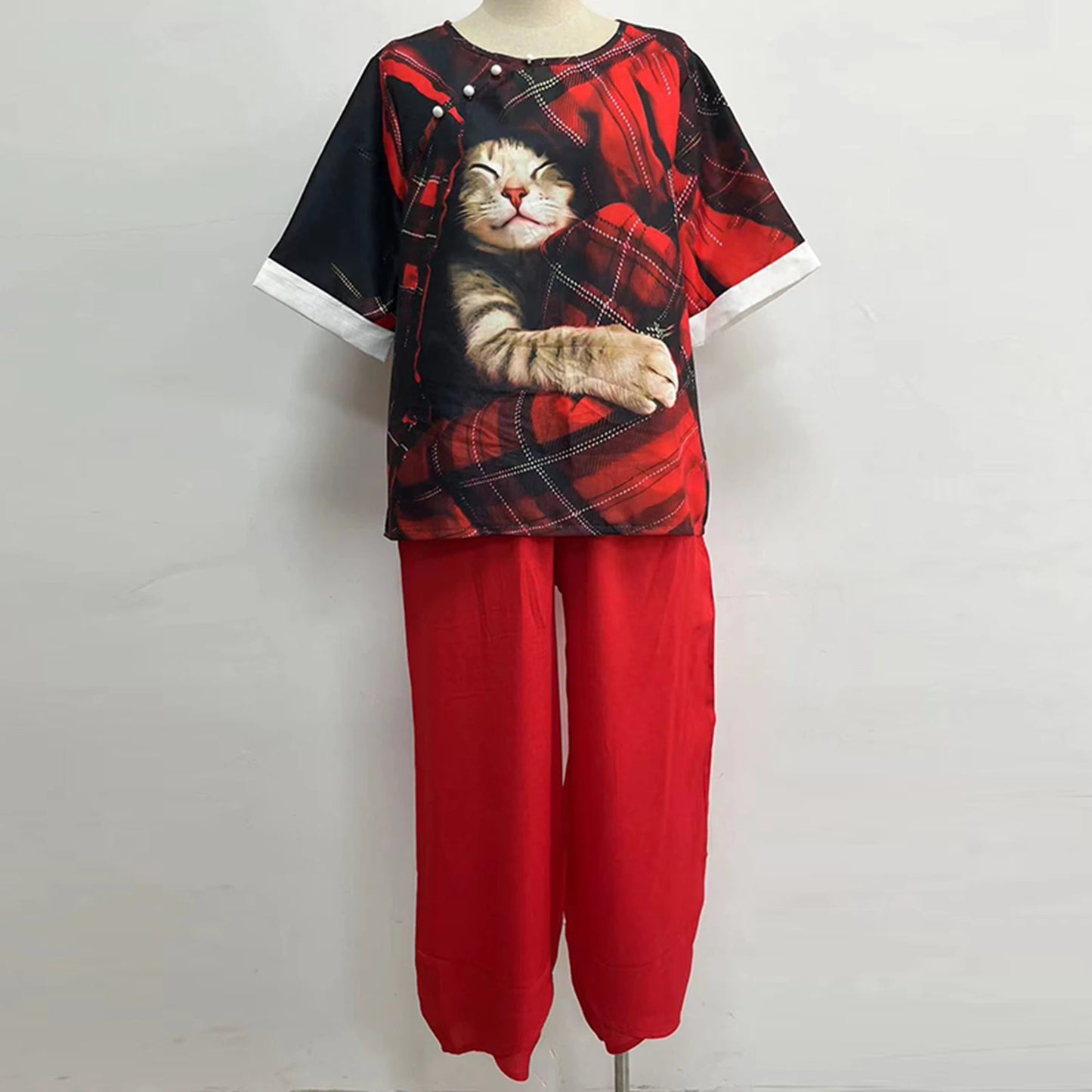 Elegant  Women Outfit Breathable Flower Pattern Blouse Trousers Half Sleeves Soft Blouse Pants Spring Clothes