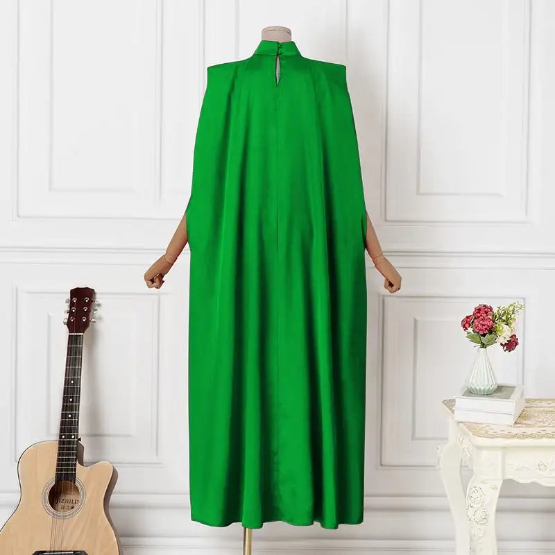 Elegant Evening Dress 2024 VONDA Women Pleated Stand Collar  Long Sleeve Satin Party Sundress Casual Solid Loose Robe Vestidos