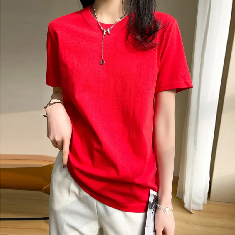 Women T-shirts 2025 Tops Solid Short Sleeve Loose O-neck Cotton Casual Ladies Shirts Harajuku Korean Summer Woman Tshirts