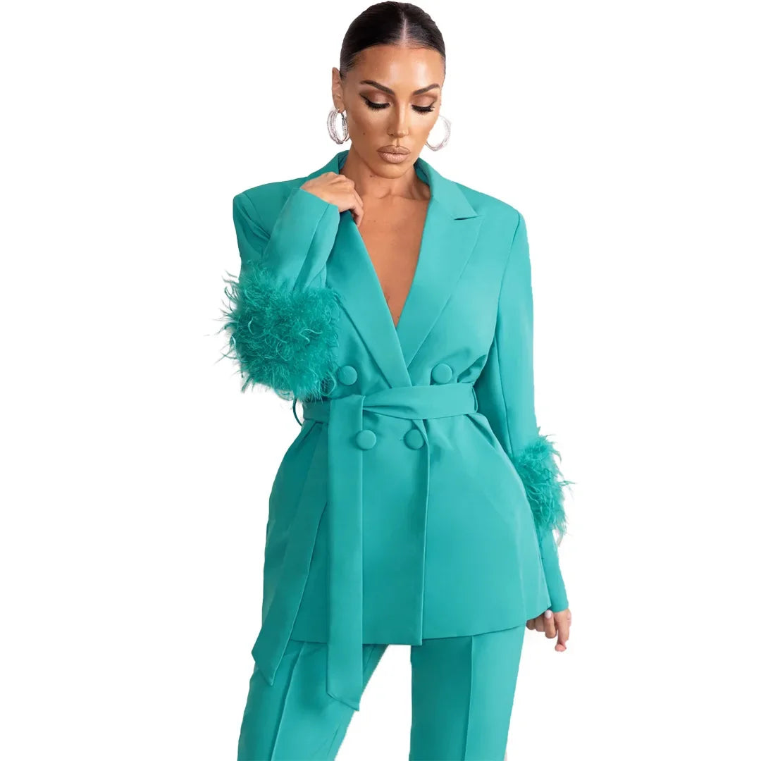 Femei elegante 2 piese set solid cristat guler blazer fermoar pantaloni lungi pene palton costum doamnelor toamna iarna birou ținute