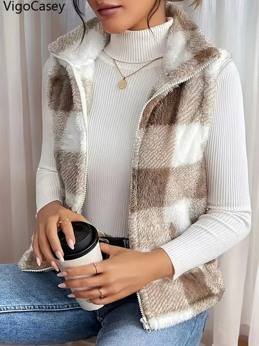 VigoCasey Plaid Print Weste - Reißverschluss Locker Plüsch Warm Größe Regular Material Polyester Spandex Ohne Füllung