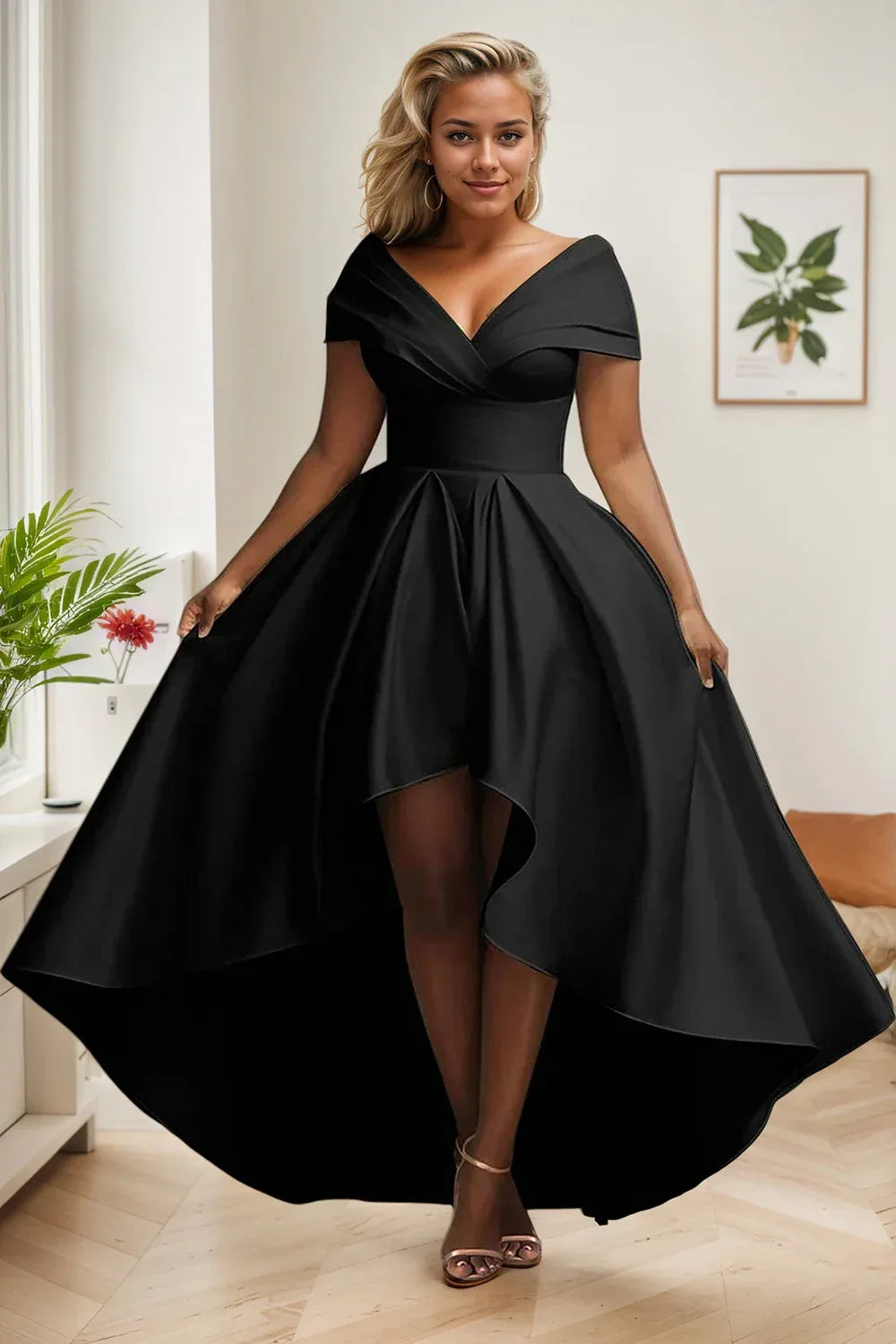 Elegant Party Club Evening Dress for Women Irregular Hem Pleated A-Line Solid elegant V-Neck High Waist Plus Size Long Dresses - Golden Bridge Store