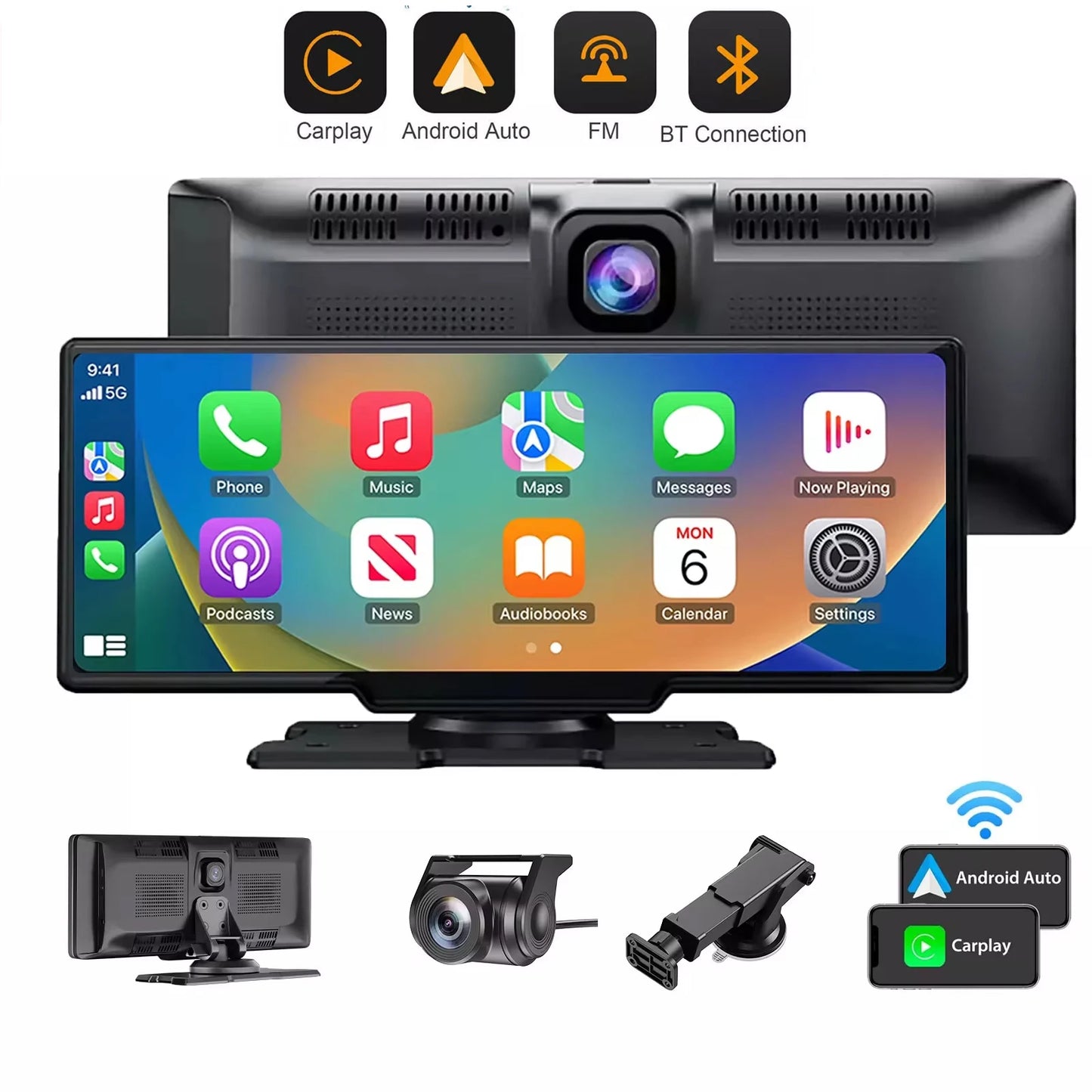 4K 10.26" Touchscreen Auto DVR Dashcam - Kabellos Apple CarPlay Android Auto Dual Lens Video Recorder