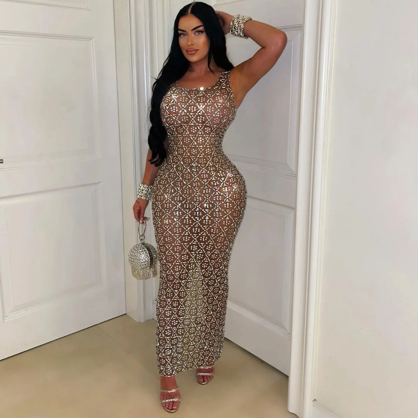 Rochie de damă 2025 - CM.YAYA Rochie lungă de vară fără mâneci cu strasuri, plasă, seară la modă