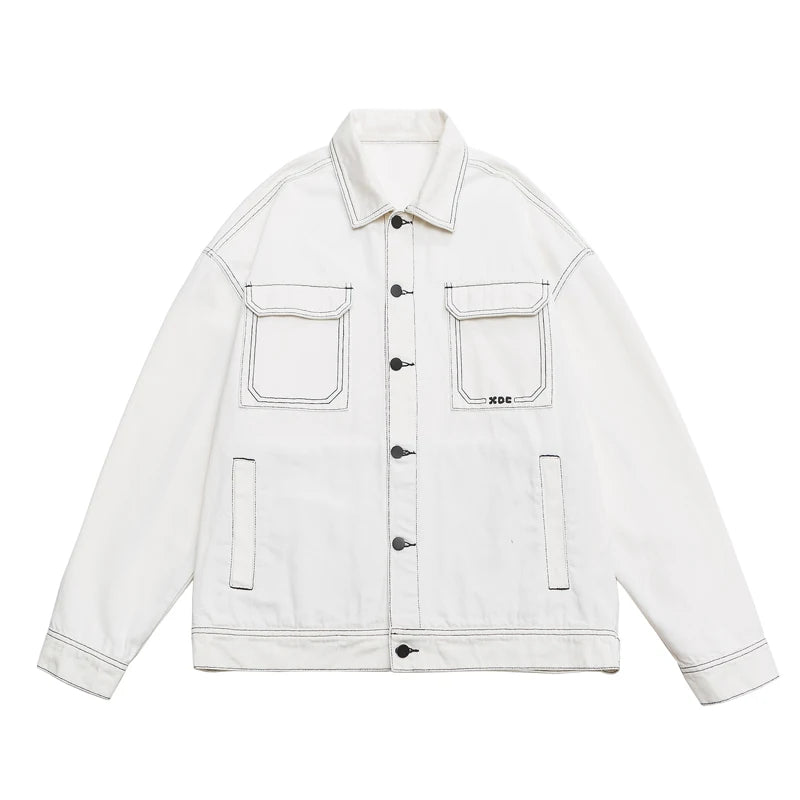 Men's Fashion Baggy Denim Jacket Streetwear Large Pocket Contrast Design Oversized Black White Washed Denim Coats Autumn 4XL 5XL