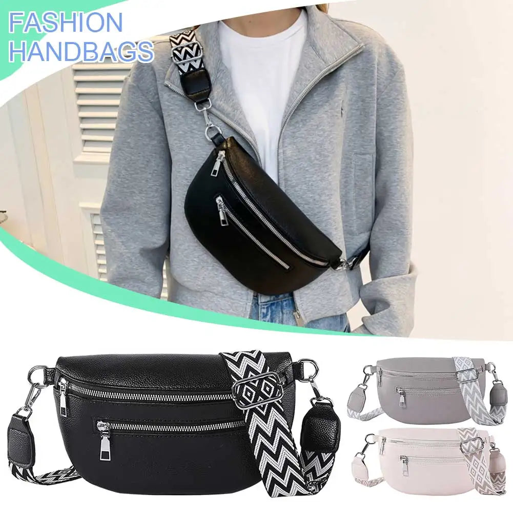Women Stylish Crossbody Bag with Wide Strap Retro Fanny Pack PU Leather Simple Shoulder Bag Travel Outdoor Bag