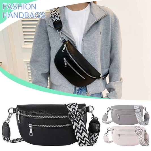 Women Stylish Crossbody Bag with Wide Strap Retro Fanny Pack PU Leather Simple Shoulder Bag Travel Outdoor Bag