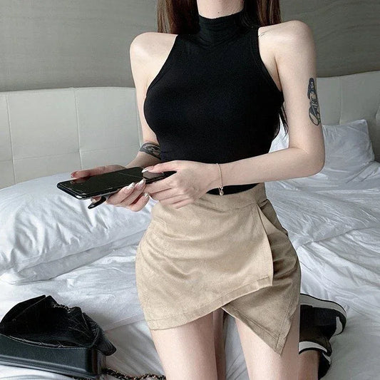 elegant Tank Top Solid Halter Crop Tops Women Summer Camis Turtleneck Camisole Fashion Casual Tube Female Sleeveless Cropped Vest - Golden Bridge Store