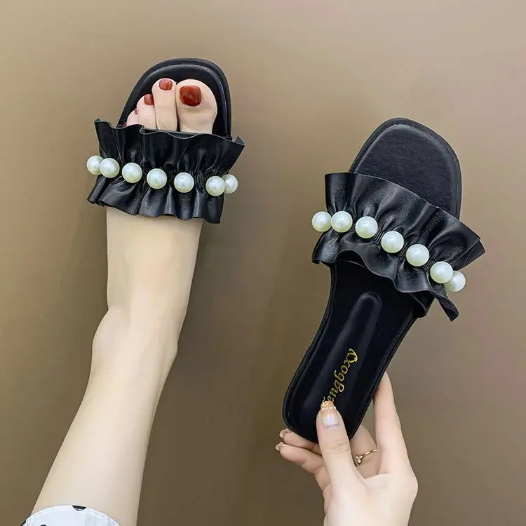 Women Slides Faux Pearl Decor Ruffle Trim Sandals Open Toe Wear-resistant Flat Slippers Summer Sandy Beach Sandals Women Shoes