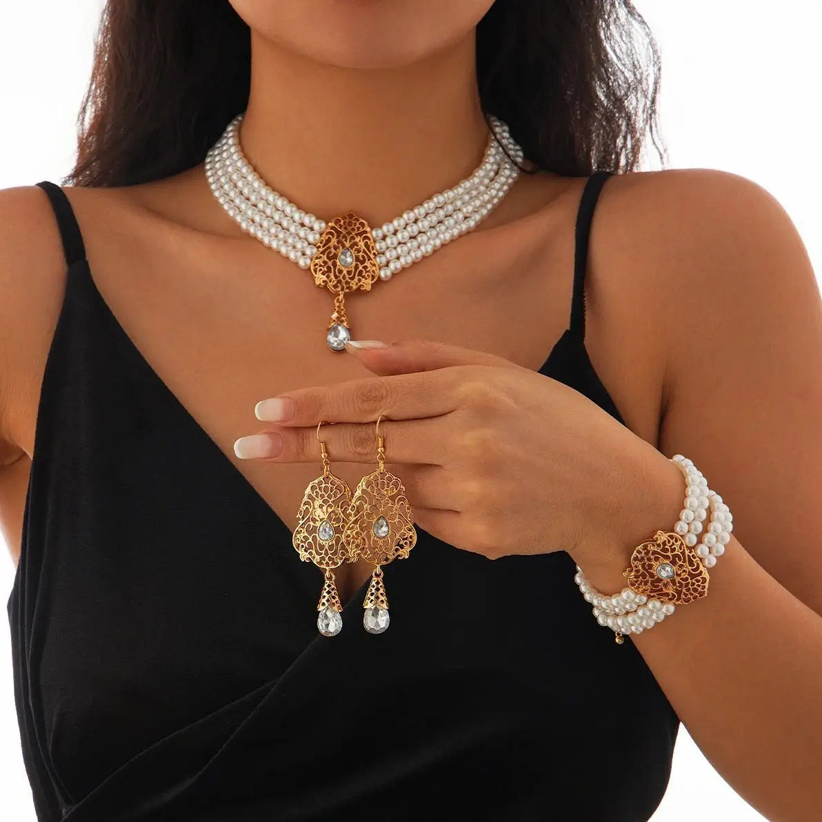KunJoe Luxus Mehrschichtig Imitation Perlen Halskette Armband Ohrringe Frauen Wassertropfen Grün Strass Choker Hochzeit Schmuck Set