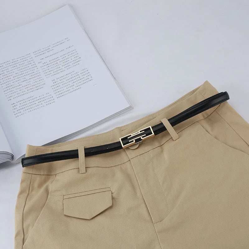 Leather Thin Belt For Women Personalized New Fashion Metal Buckle Waist Strap Female Jeans Dress Trouser Decorative Waistband