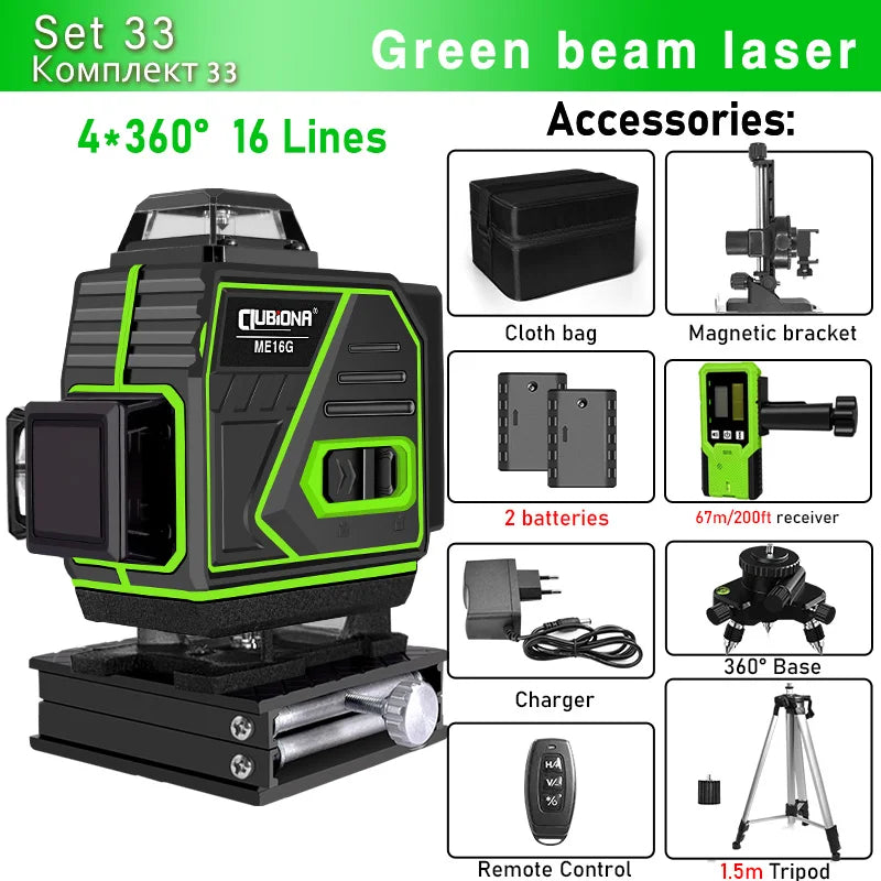 CLUBIONA 16/12 lines Self-leveling Remote Control Outdoor Mode - Receiver Auto 3x360 Green beam Line Laser Level