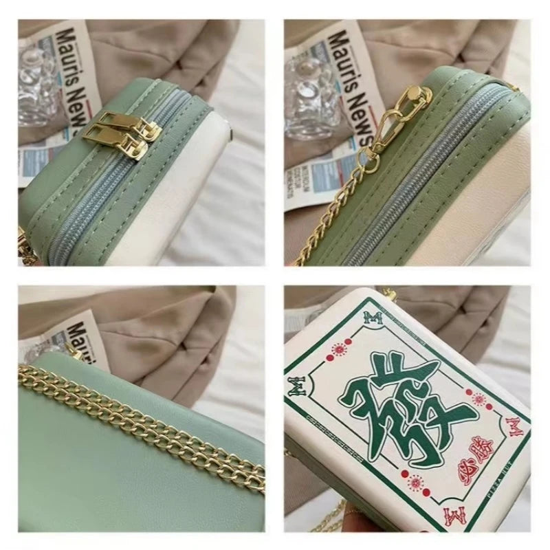 Geantă crossbody chinezească Mahjong pentru femei, creativă, interesantă, cu imprimeu, cu lanț, geantă de umăr, piele PU, geantă messenger la modă