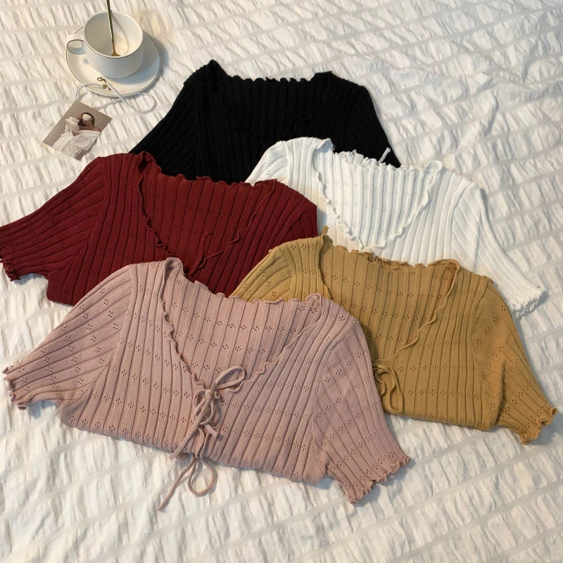Knitted TShirt For Women V-neck Summer Simple Versatile Casual Crop Tops Bandage Ribbed Short Sleeve Women's Top T-Shirt Girl