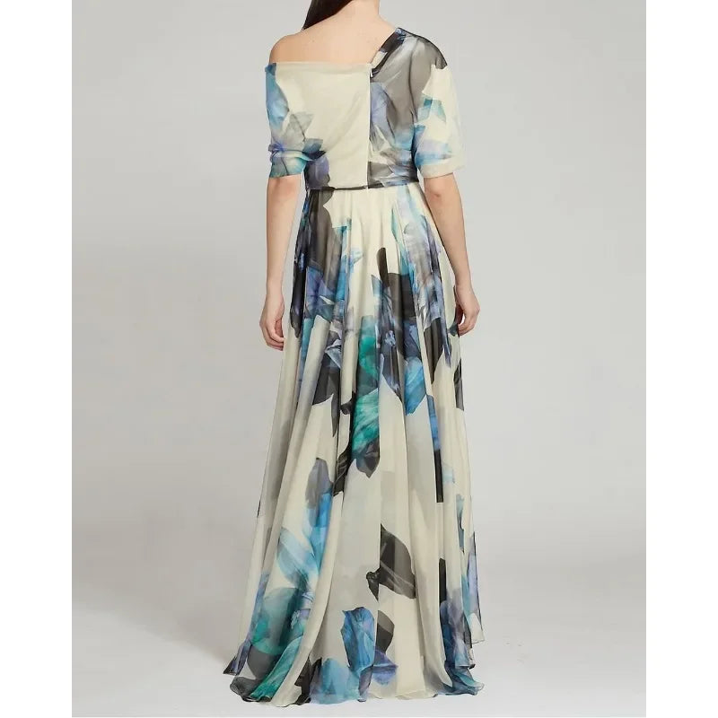 Elegant Women Bohemian Dress Y2K Chic Clothes Sexy Fashion One Shoulder Short Sleeve High Waist Pleated Vacation Long Dress