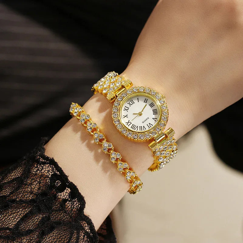 Luxus Damen Glänzende Armbanduhren 2-teiliges Set - Roségold Uhr Mode Damen Elegante Quarz Diamant Armbanduhr