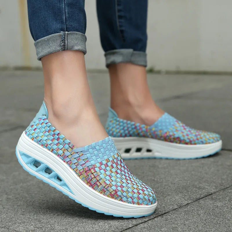 Zapatos De Mujer Sneakers Women's Mixed Color Woven Wedge Rocking Shoes Lightweight Non-slip Breathable Loafers Chaussure Femmes