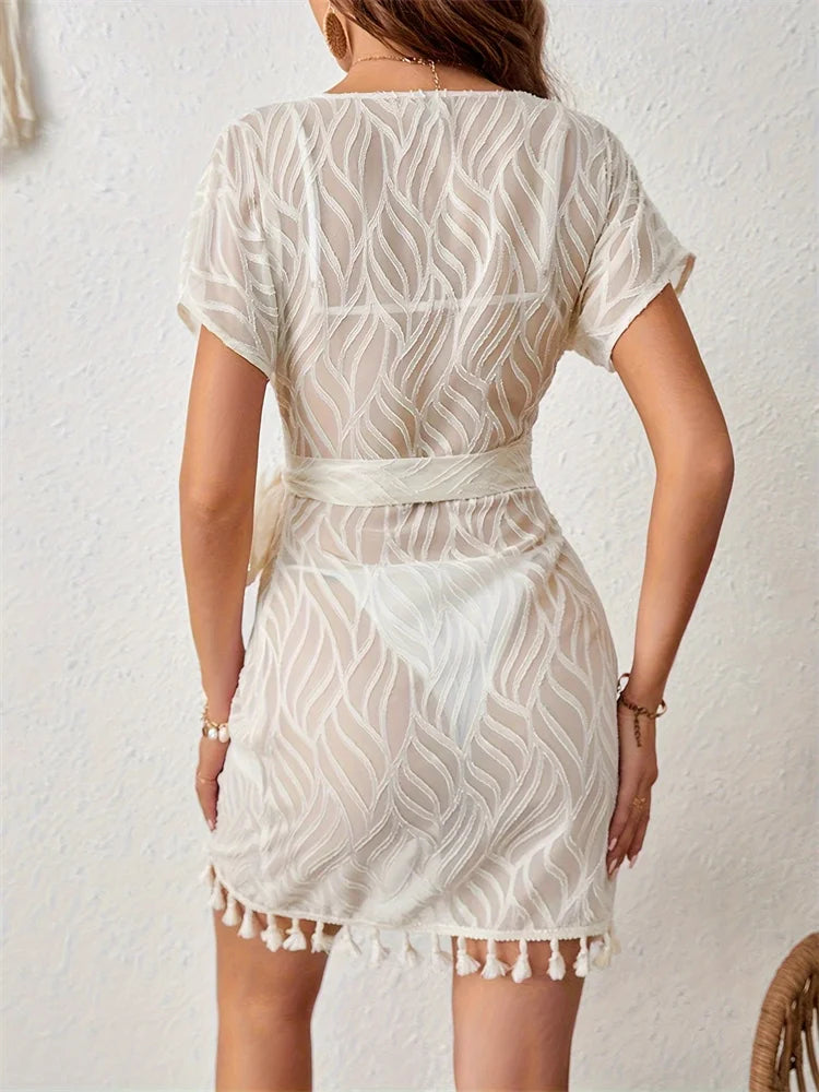 Schwimm Cover Up Spitze Weiß Strandkleid elegant V-Ausschnitt Lang Cover Up Frau Schwimmbekleidung Bikini Tunika Lang Pareos Robe Beachwear Outfit