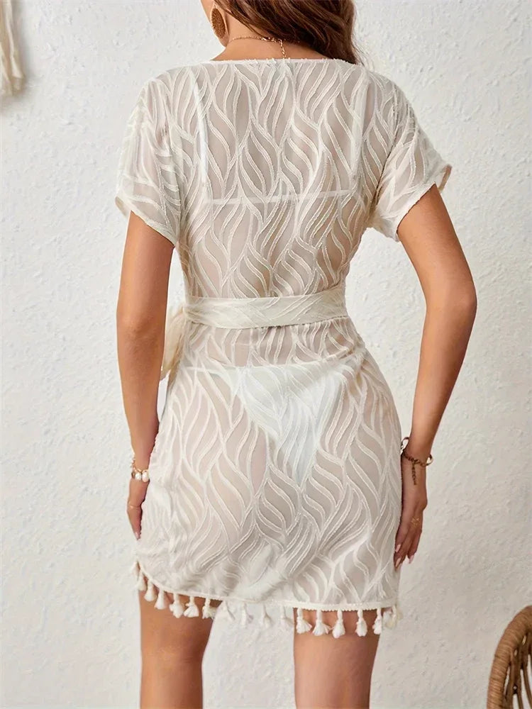 Schwimm Cover Up Spitze Weiß Strandkleid elegant V-Ausschnitt Lang Cover Up Frau Schwimmbekleidung Bikini Tunika Lang Pareos Robe Beachwear Outfit - Golden Bridge Store