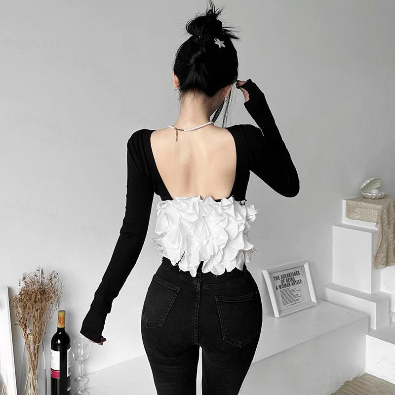 New elegant Tshirts for Women 2025 Ropa Mujer Patchwork Tops Tunic Long Sleeve Tees Backless Crop  Fashion Casual Y2k T-shirt