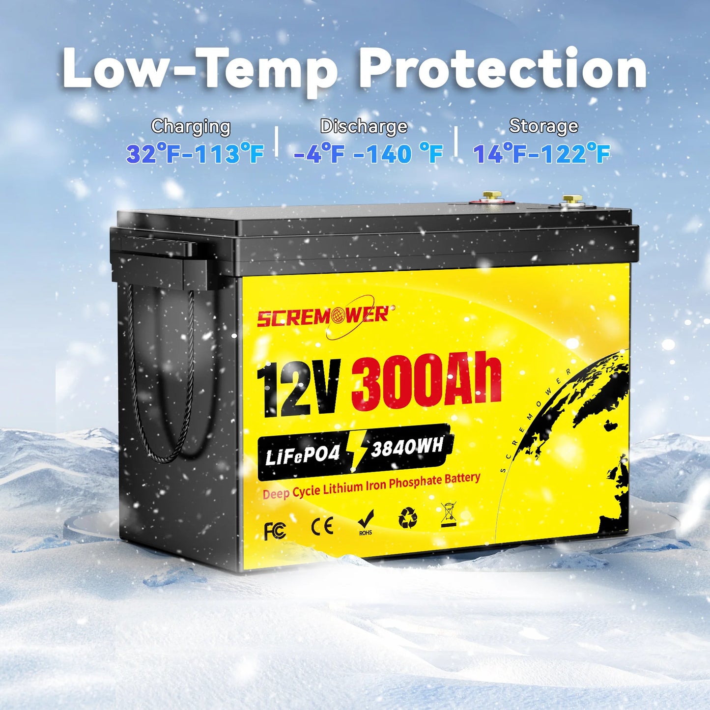 12V 300Ah LiFePO4 Batterie - Lithium-Eisenphosphat-Batterie mit 200A BMS für RV, Camper, Golfwagen, Off-Road und Off-Grid Anwendungen