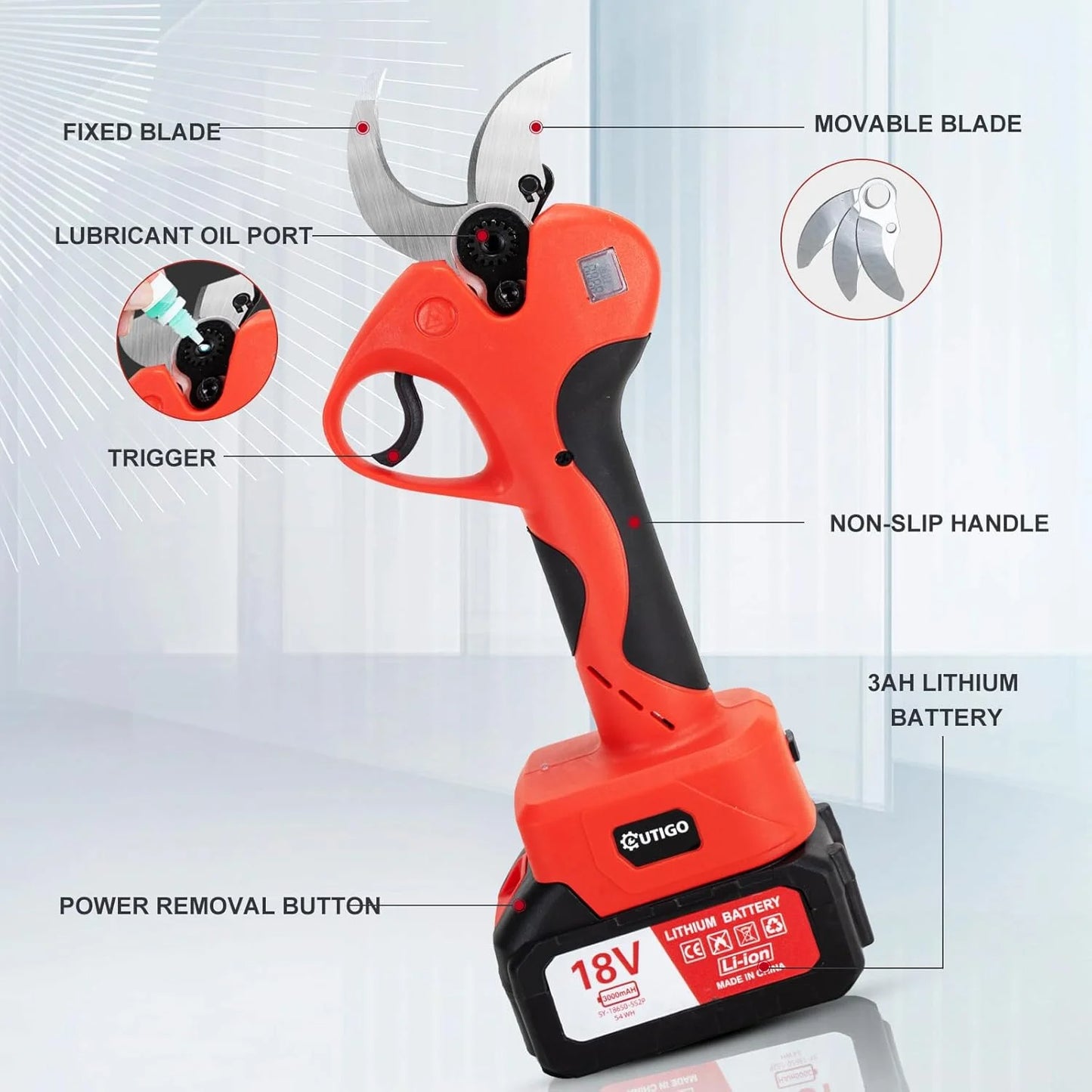 OUTIGO Elektrische Gartenschere - 40mm mit Display 2x 3.0Ah Akkus für Obstbäume und Weinberge Karbonstahl