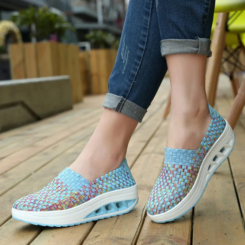 Zapatos De Mujer Sneakers Women's Mixed Color Woven Wedge Rocking Shoes Lightweight Non-slip Breathable Loafers Chaussure Femmes