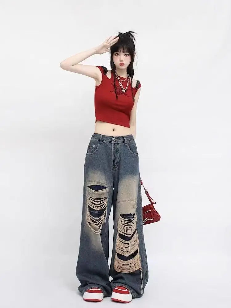 Jeans Women Hot Girls High Waist Chic Straight Trousers Simple Ripped American Street Loose Fall Fashion Leisure Newly All-match