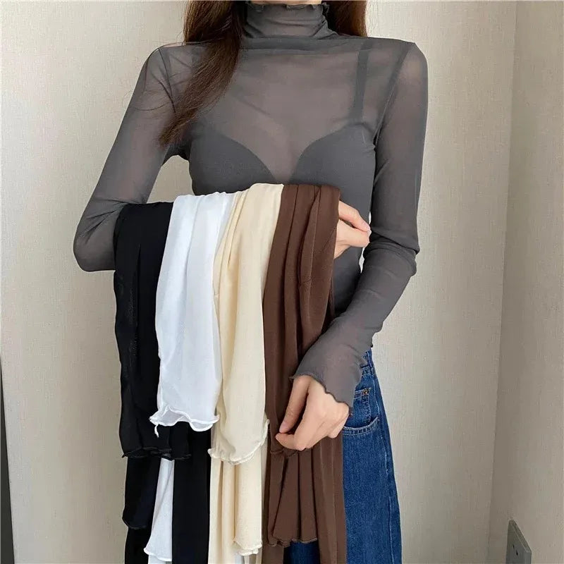 Sexy Women T Shirt See Through Transparent Tops Long Sleeve Ladies T-Shirt Pink Green Basic Top for Female Bottoming Blouses