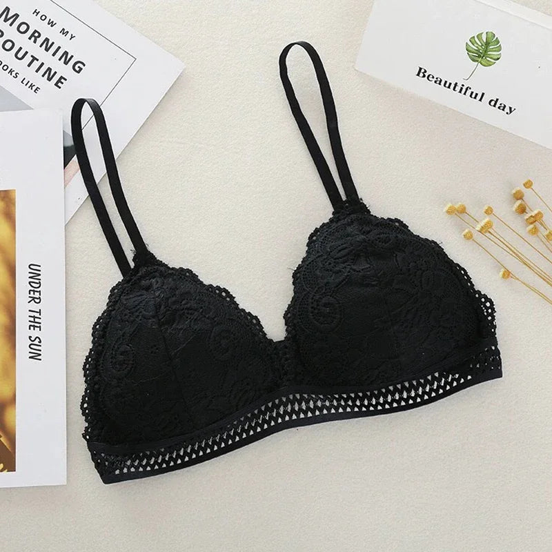 Lace Embroidery Bra Women elegant Deep V Underwear Floral Brassiere Stretch Seamless Push Up Lingerie Bralette Triangle Cup Padded