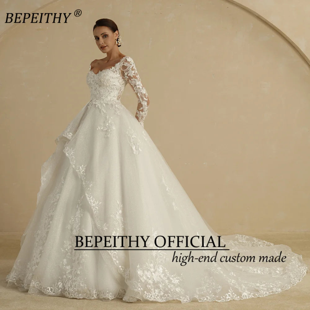 BEPEITHYCustomized Glitter Ball Gown Hochzeitskleid Full Sleeves For Women Bride 2022 Sweetheart Ruffle Skirt Shinny Bridal Dress