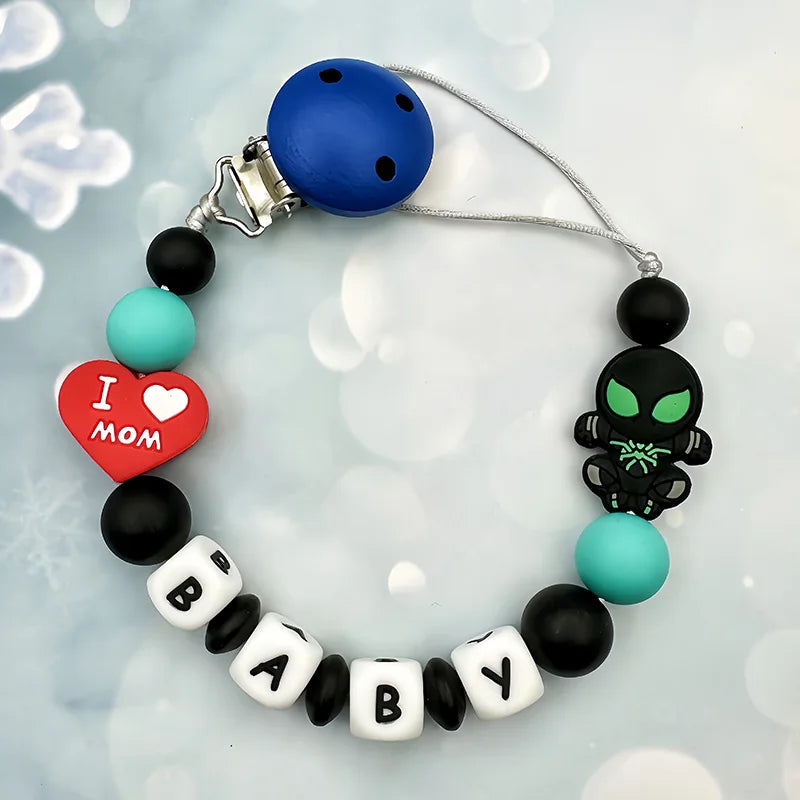 Lanț personalizat pentru suzetă cu nume - cleme din silicon cu litere englezești pentru bebeluși - suport pentru lanț, pandantiv pentru inel de dentiție, cadouri pentru bebeluși