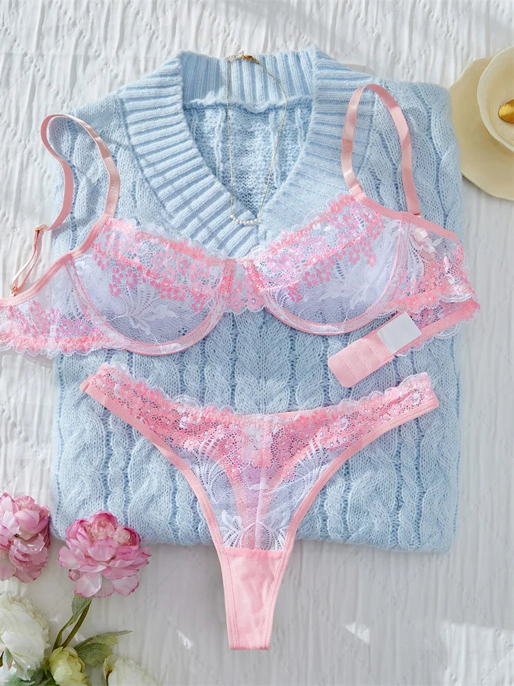 Fairy Lingerie Sweet Pink Bra and Panty Set Floral Lace Underwear elegant Lingerie 2 Pieces Push-Up Bra Ultra Thin Female Underwear