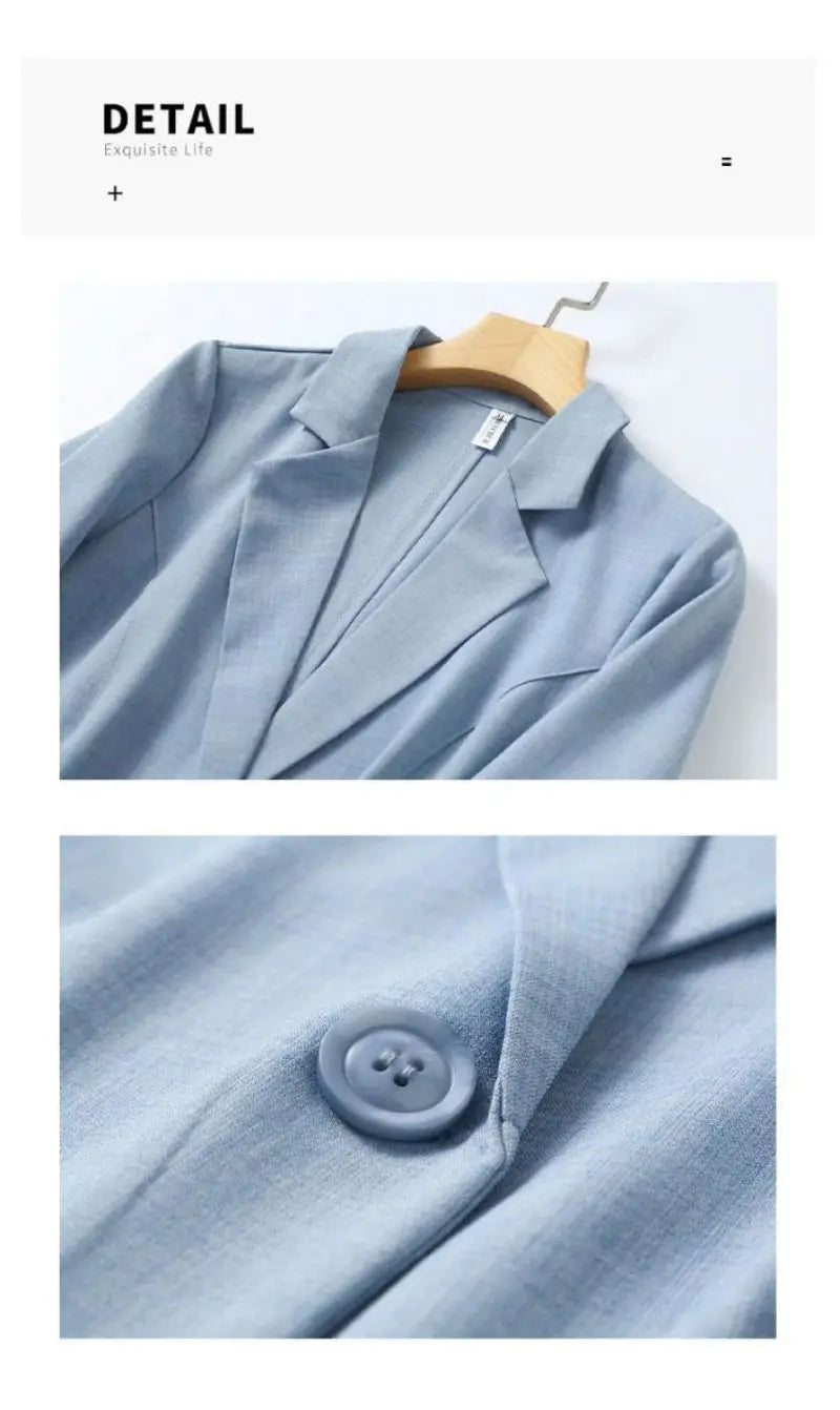 Sacou de damă albastru solid, casual, cu guler întoars, cu un singur nasture, mânecă trei sferturi, costum, blazer, jachete scurte, palton, modă 2024