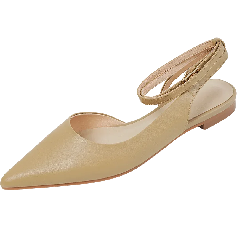 New 2025 Summer Trend Women Sandals Genuine Leather Slingbacks Closed Pointed Toe Apricot Beige Flat Shoes Ankle Strap Ladies