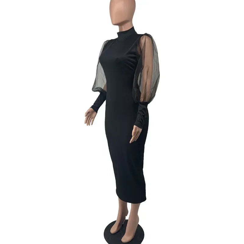 Elegant Spring Summer Dress for Women Long Sleeve Evening Gown Women Clothing Temperament Half High Collar Bodycon Dress Vestido - Golden Bridge Store