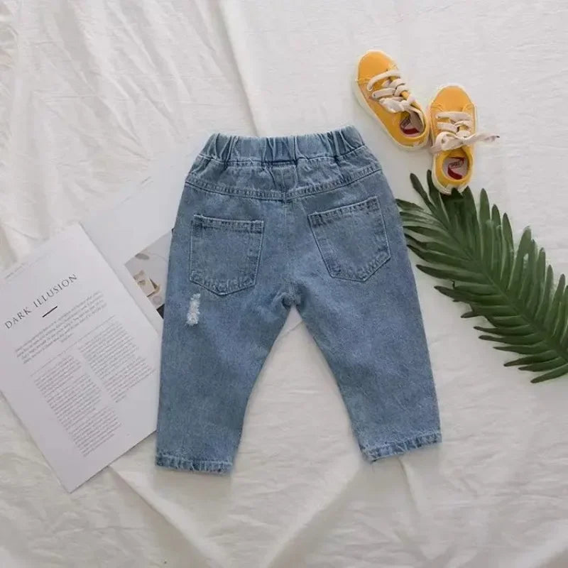 Children Jeans Spring Autumn Boys Girls Denim Ripped Jeans Korean Fashion Kids Trousers Toddler Casual Loose Pants