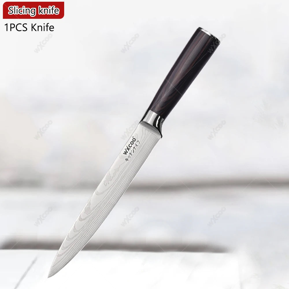 WXCOO Professional Kitchen Chef Knife Damascus Steel Laser Pattern Santoku Knife Double Side Magnetic Kitchen Knife Block
