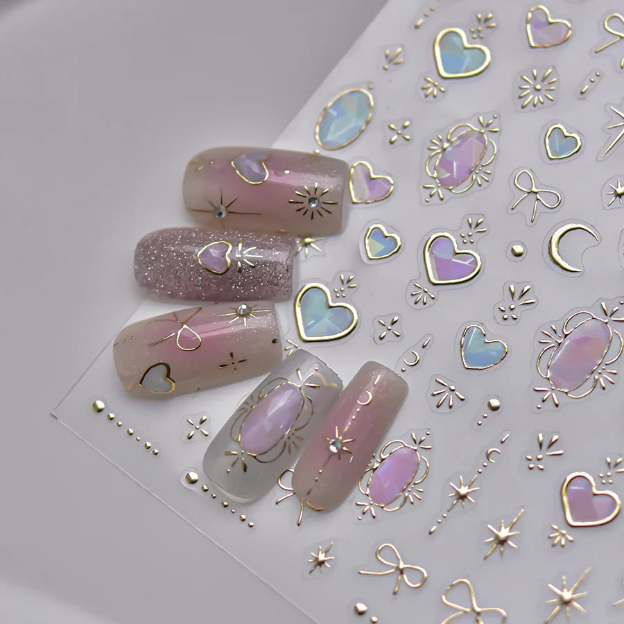 Autocolante pentru unghii RhstoeChoice 5D cu margine aurie - inimă, lună, stea