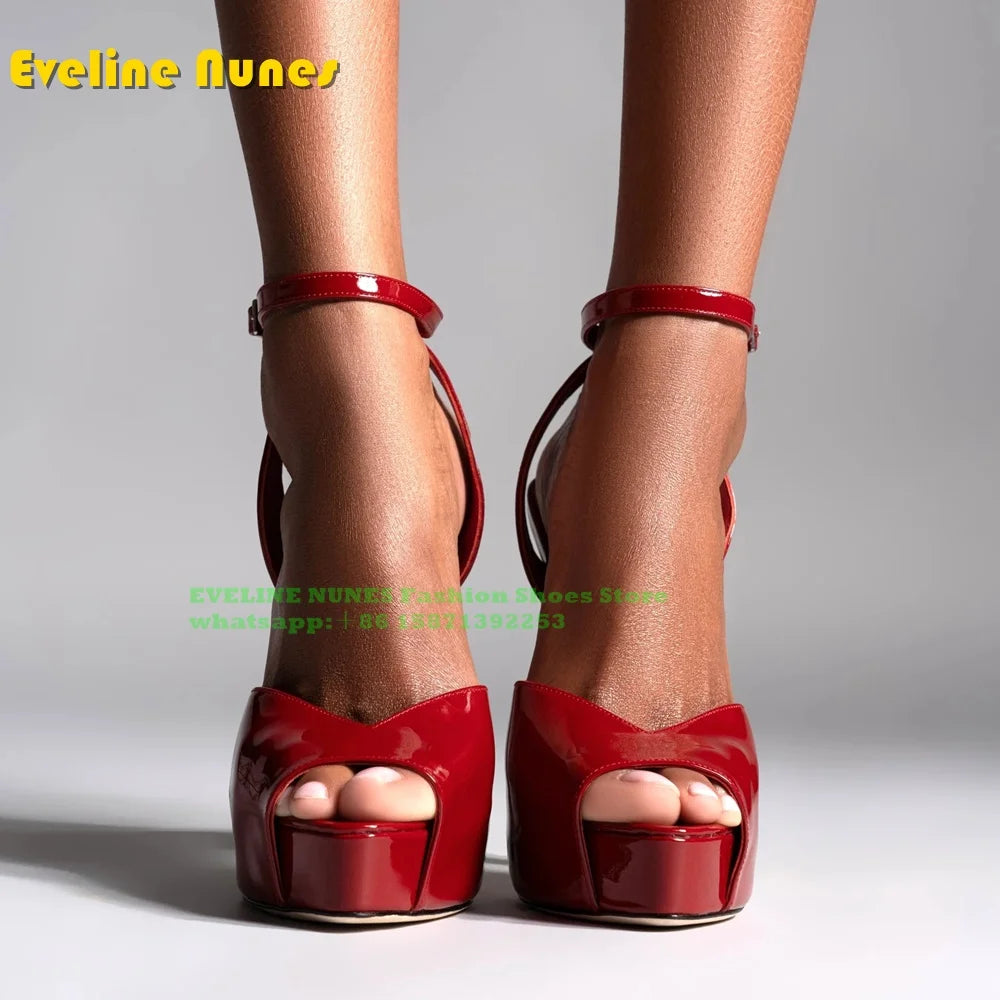 Peep Toe Platform Buckle Strap Red Sandals Pointed Toe Thin Heel Slingback elegant Women Runway Show Shoes Spicy Girl Party Trend