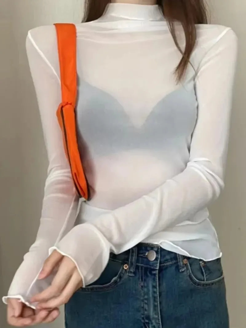 Sexy Women T Shirt See Through Transparent Tops Long Sleeve Ladies T-Shirt Pink Green Basic Top for Female Bottoming Blouses