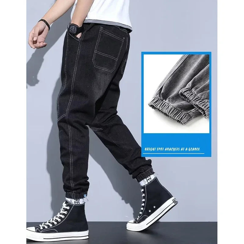 Western Style Men Streetwear Denim Jogger Pants New Spring Autumn Black Blue Cargo Jeans Men Baggy Harem Jean Trousers Plus Size