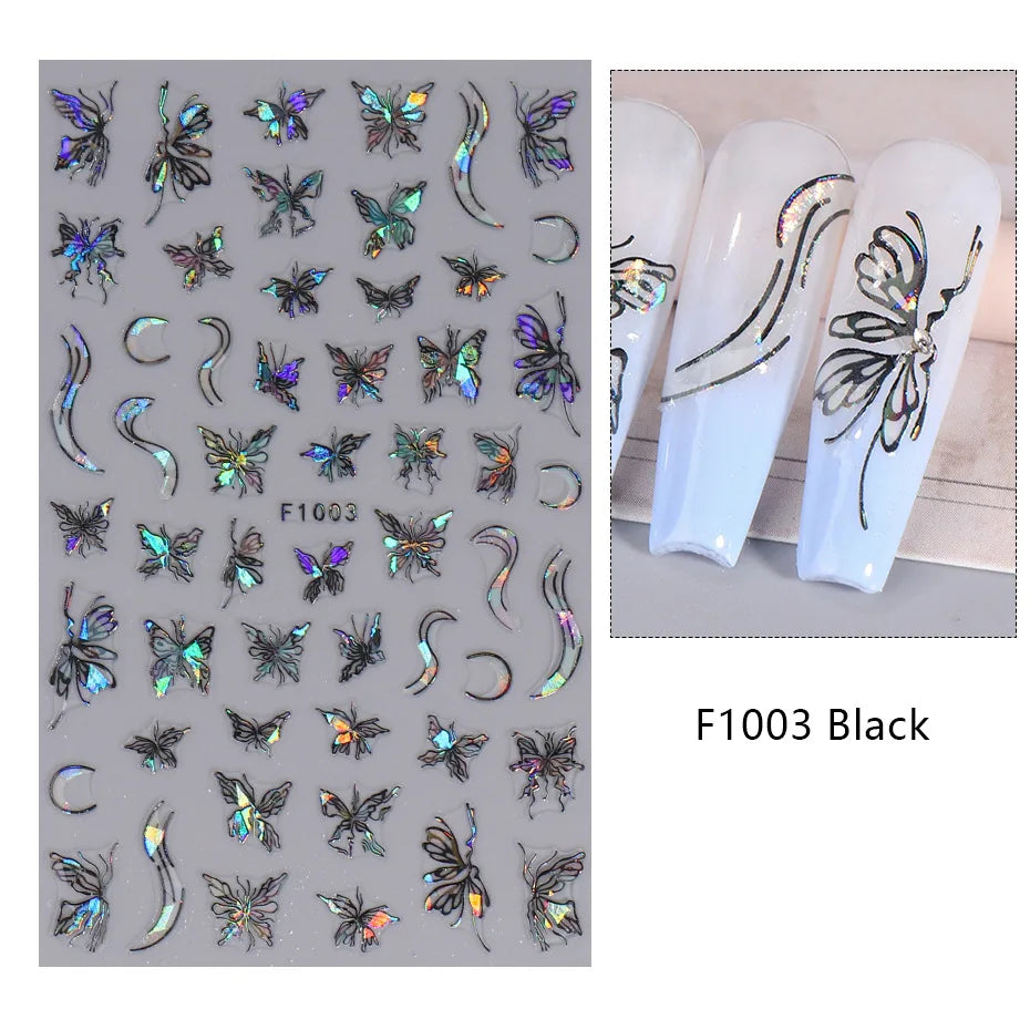 New Spring Fresh Flowers Butterfly 3D Nail Stickers Colorful Laser Butterflies Geometric Pattern Stickers Nail Decoration 1PCS