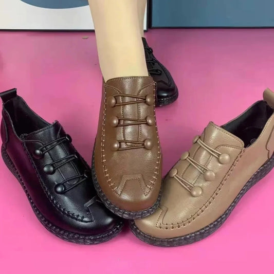 Womens Walking Shoe 2024 Red Spring Leather Shoes Mom Comfort Retro Stitching Flats Wedge Leather Sneakers