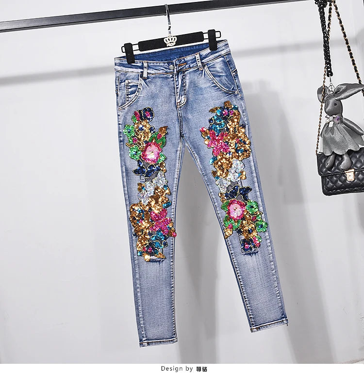 European Style Denim Jacket Fashion Outfit Women New Flower Sequined jeans Vest coat
