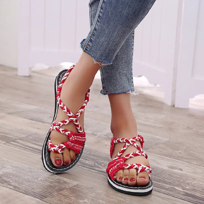 Women Sandals Summer Closed Toe Flat Romen Sandals Women Mixed Colors Rope Knot Sandals Women Casual Beach Sandals Plus Size