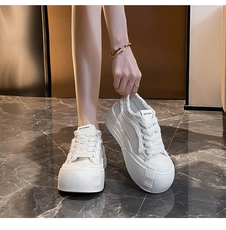 Womens Platform Sneakers White Tennis Shoes Woman Casual Low Top Fashion Chunky Canvas Sneakers 2025 New Spring Summer Trainers