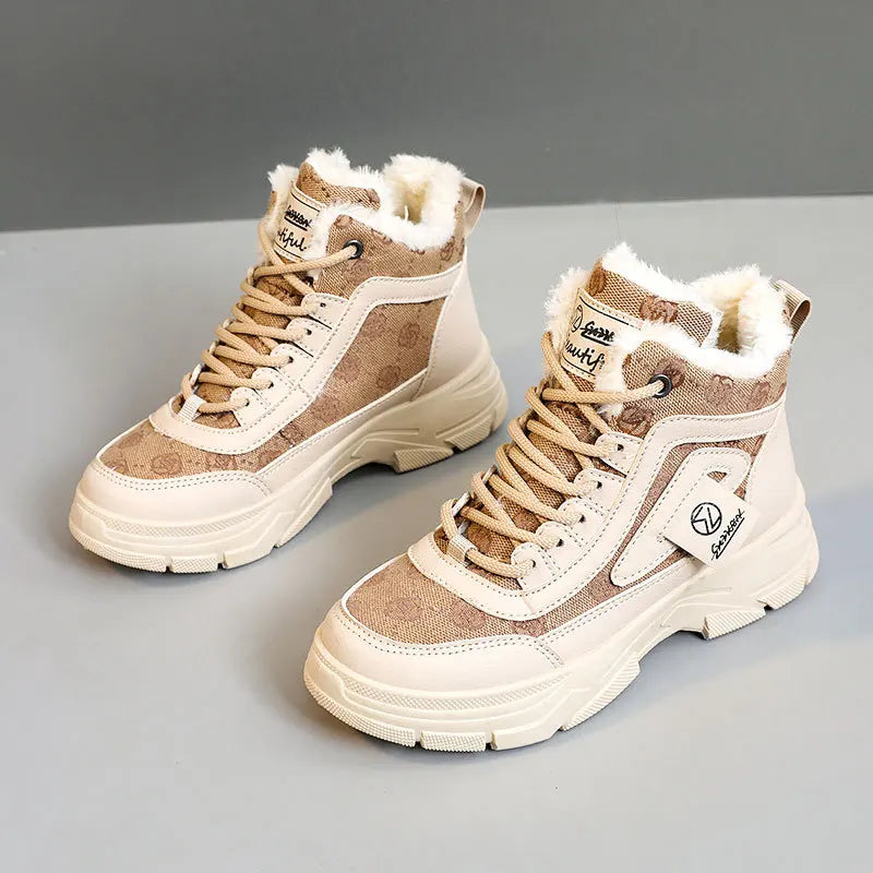 Designer Sneakers for Women Casual High Top Shoes Womens 2023 Winter Plush Lined Warm Shoes Thick Lace-up Sports Shoes Size 43