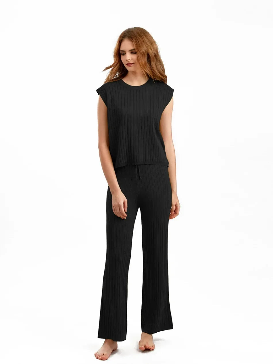 Elegant 2-Piece Sets for Women, Casual Knitting, Sleeveless, O Neck Tops, Loose Lace Up, Wide Leg Pant Set, Summer Fashion, New