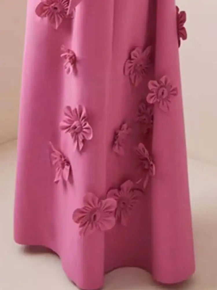 EWQ Elegant Female Evening Dress 3D Floral Design Stand Collar Sleeveless Temperament Women Slim Dresses 2025 Spring Red Robe